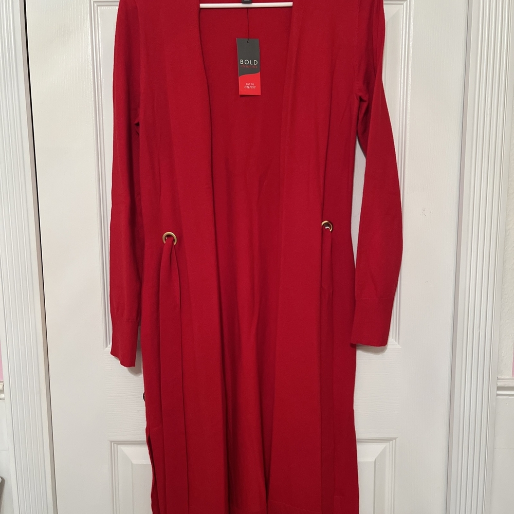 Bold Element Red Long Cardigan Duster Coatigan Open Front - Picture 3 of 5